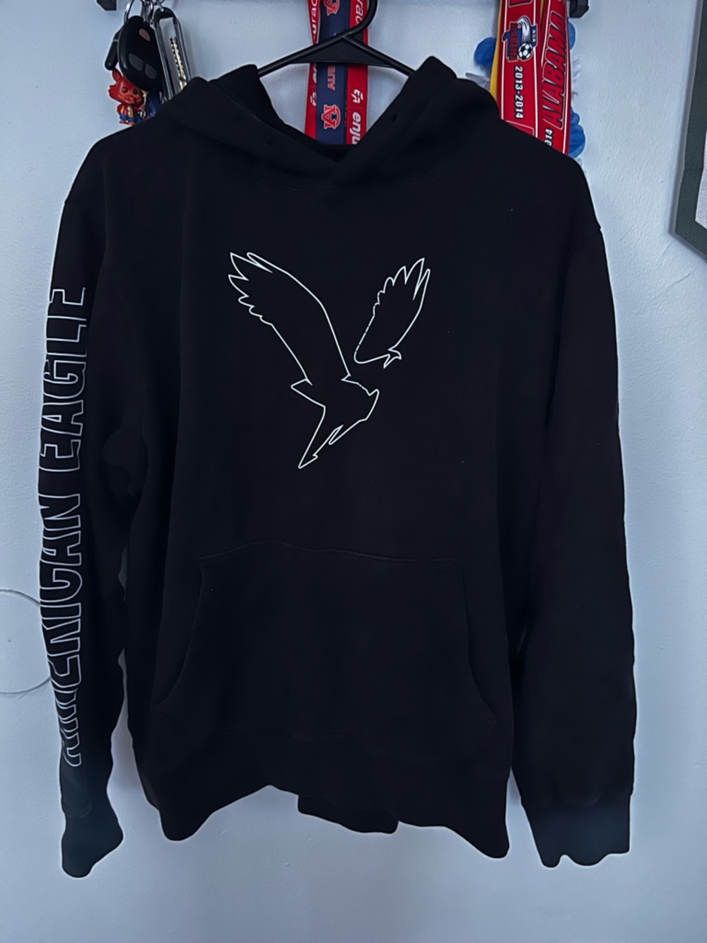 American Eagle Black Hoodie with White Graphic Accents
